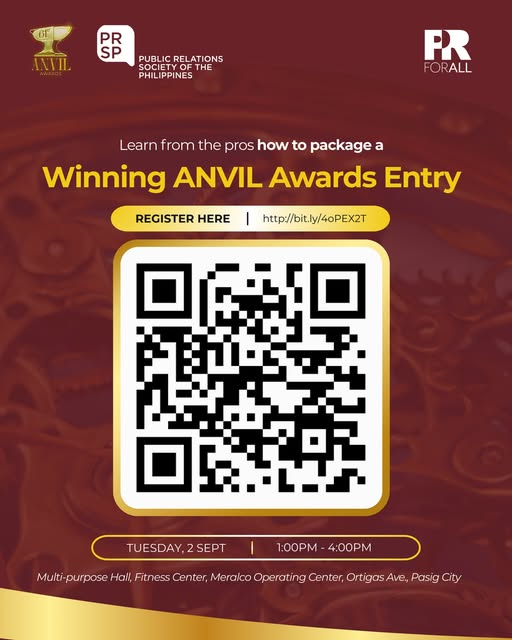 PRSPofficial's tweet image. There’s still time!

The PRSP session “How to Package a Winning ANVIL Awards Entry” with Norman Agatep, APR, is set for September 2, 2025 | 1:00–4:00 PM at the Meralco Operating Center, Pasig City.

Register here: bit.ly/4oPEX2T
#PRSP #PRforAll