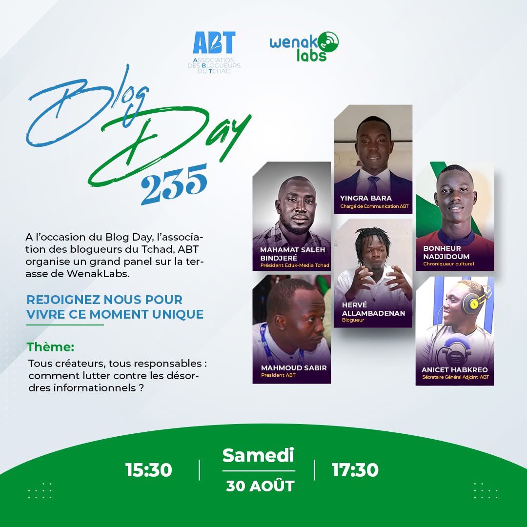 🚨 Deepfake, fake news, discours de haine… Les désordres informationnels ne cessent de grandir. Et dans ce contexte, quel rôle doit jouer le blogueur ? 🤔

📅 Rejoignez nous pour le #TalkBlog spécial #BlogDay2025 ce samedi 30 août à 15h30 chez WenakLabs. #Tchad #Adjib