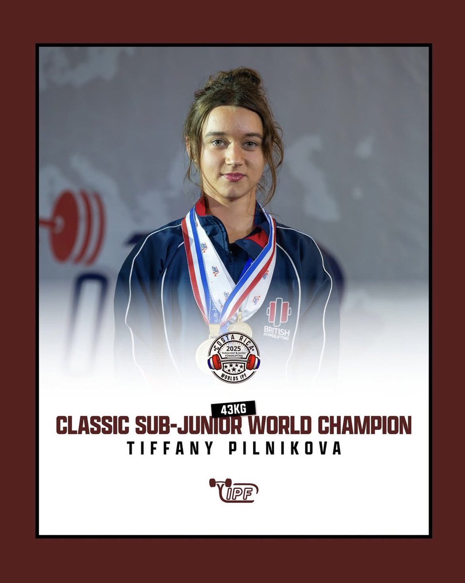 shackladys's tweet image. Salford Girl and Barton Athletic Club Member Tiffany Pilnikova wins 2025 World Junior Championships 43k with a new World record 298.5kg Squad Bench Press Deadlift in Costa Rica. Thanks to all who sponsored here Aspect Flooring Solutions,The Lighthouse Church and people of Salford