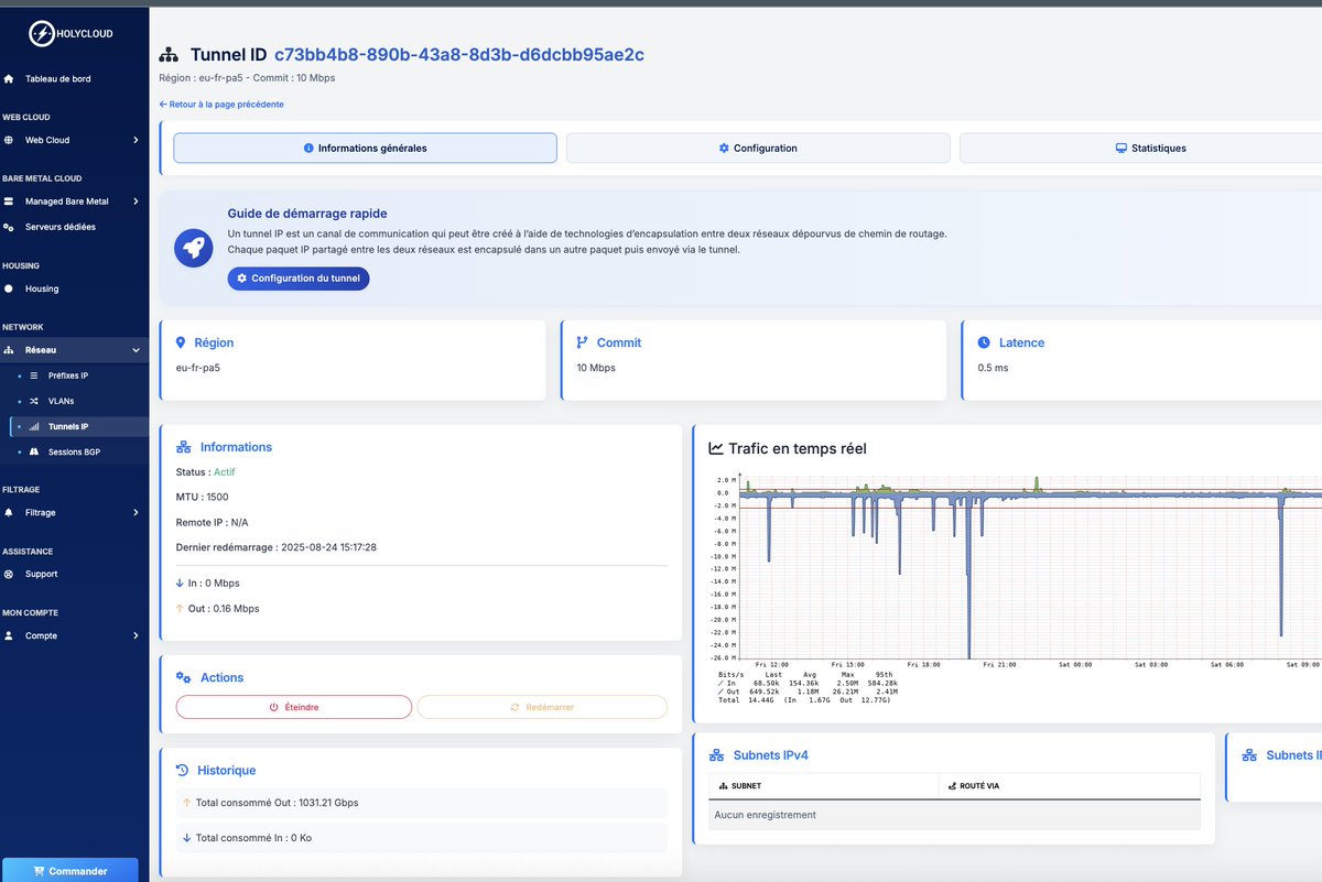 Tunnels IP HOLYCLOUD🚀

👉 Protocoles supportés : GRE, EoIP, VXLAN, WireGuard
👉 Livraison ultra-rapide : 120 secondes
👉 Bande passante personnalisable
👉 Localisations : 🇫🇷 France &amp; 🇩🇪 Allemagne

💡 Tarifs :
1 IPv4 : 1,50 € HT/mois
/29 : 9,60 € HT (au lieu de 12 € HT)