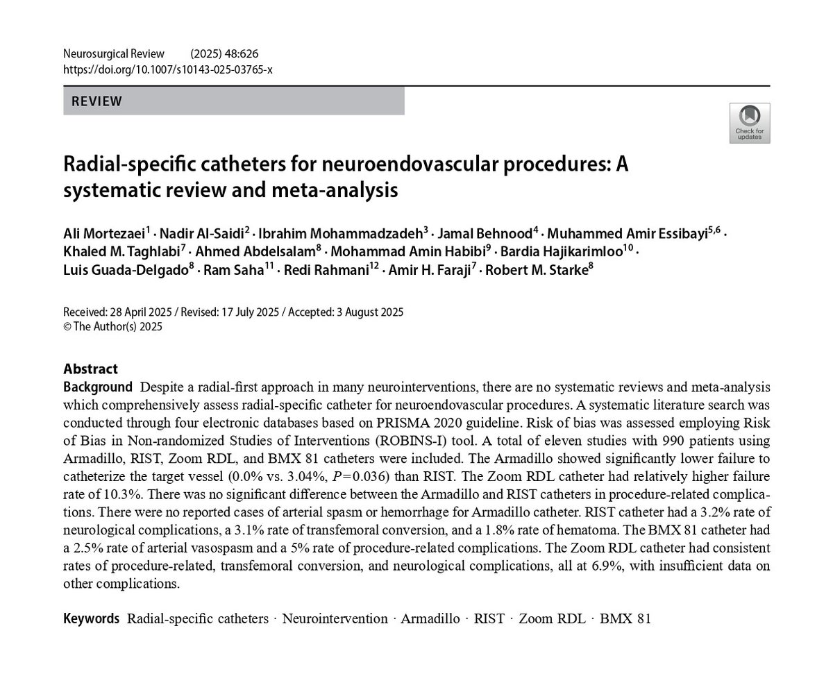 Hot off the press!
Radial-first approach is shaping neuroendovascular practice. But which radial-specific catheter delivers?

Special thanks to Drs <a href="/Starkeneurosurg/">Starke_neurosurgery</a>, <a href="/AmirHFaraji/">Amir Faraji, MD, PhD</a>, &amp; <a href="/RahmaniRedi/">Redi Rahmani</a> for their guidance and to team for their excellent work.
Link:link.springer.com/article/10.100…