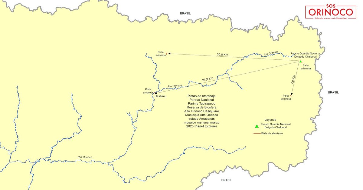 #Atencion #Venezuela 

En las cabeceras del río Orinoco <a href="/SOSOrinoco/">SOS Orinoco</a>  advierte  la existencia de una nueva pista de aterrizaje construida entre octubre y noviembre 2024 y en donde existen 20 minas con 59 hectáreas deforestadas !

mailchi.mp/sosorinoco/bol…