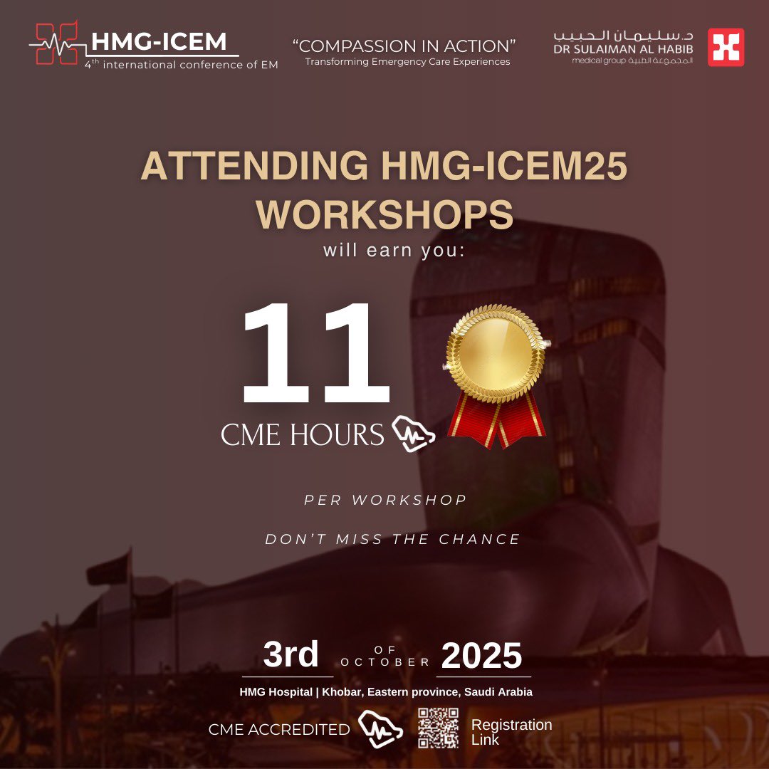 Earn while you learn!

Each workshop gives you 11 CME hours.

Boost your skills, and advance your career in Emergency Medicine

🔗 Secure your seat today.

🗓️ 3 Oct - HMG hospital, Alkhobar.