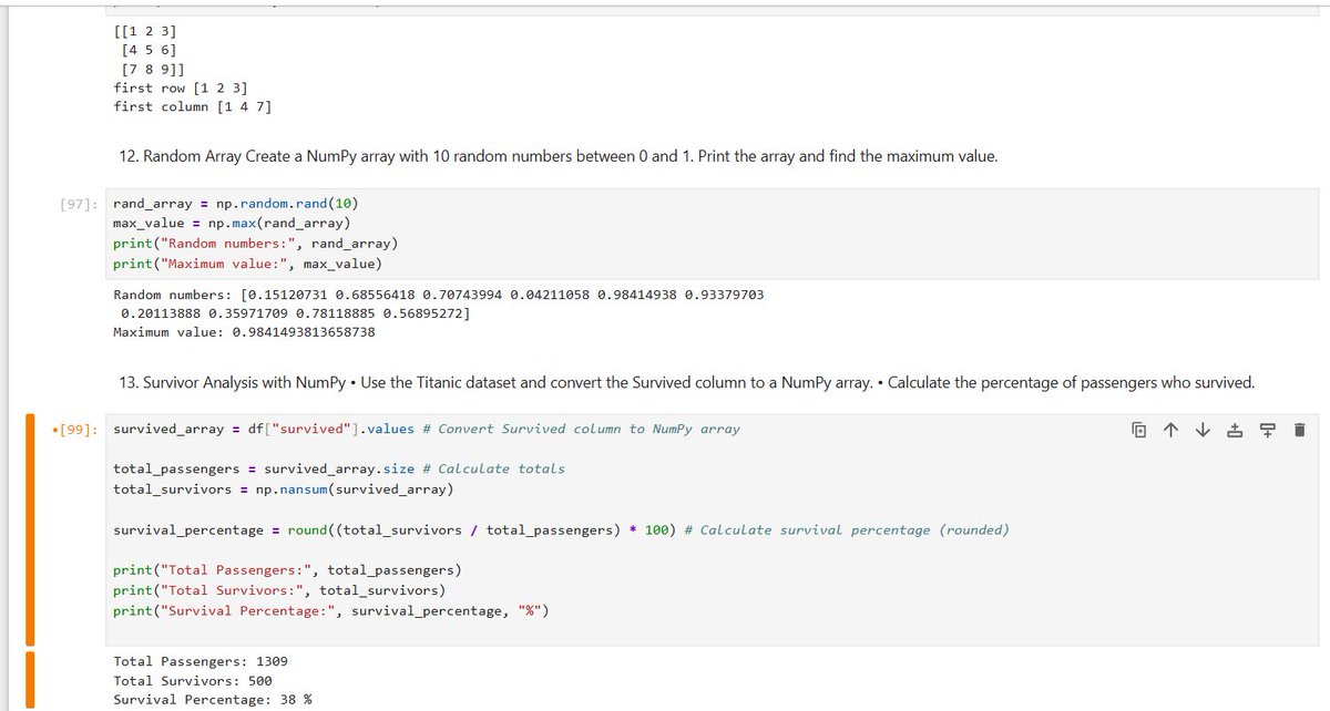 Week 3 of my #TDI  Python journey #Python 

Learned File Handling &amp; CSVs

Explored Titanic dataset: total passengers, avg fare, survival % by class

Practiced NumPy basics (arrays, indexing, random values)

<a href="/TDataImmersed/">The Data Immersed</a> 
<a href="/DabereNnamani/">Annie🦋</a> 
<a href="/bryanhawkshaw/">🔱</a>  
<a href="/JudeRaji_/">Jude Raji</a>