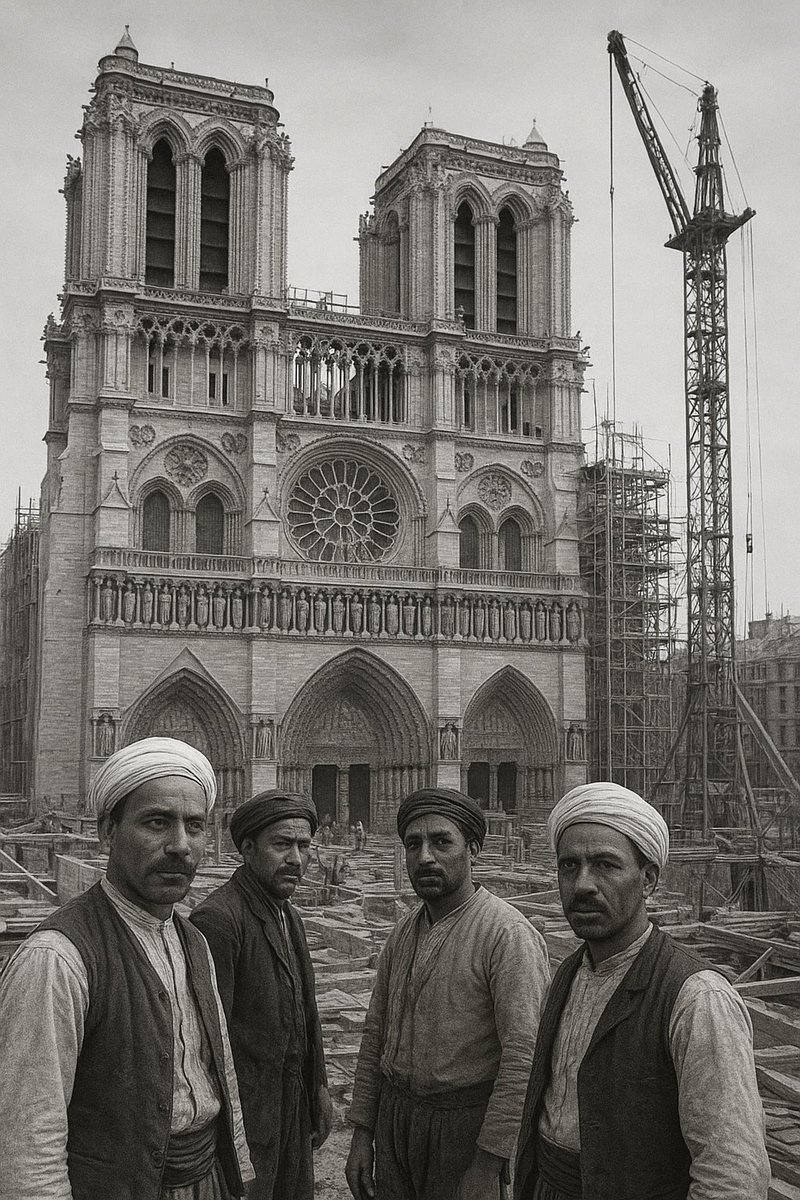 Image rare des ouvriers algériens ayant construit Notre Dame de Paris (XIIeme siècle) photographiés ici pendant leur pose.

(Crédit : INA*)

* Institut National Algérien