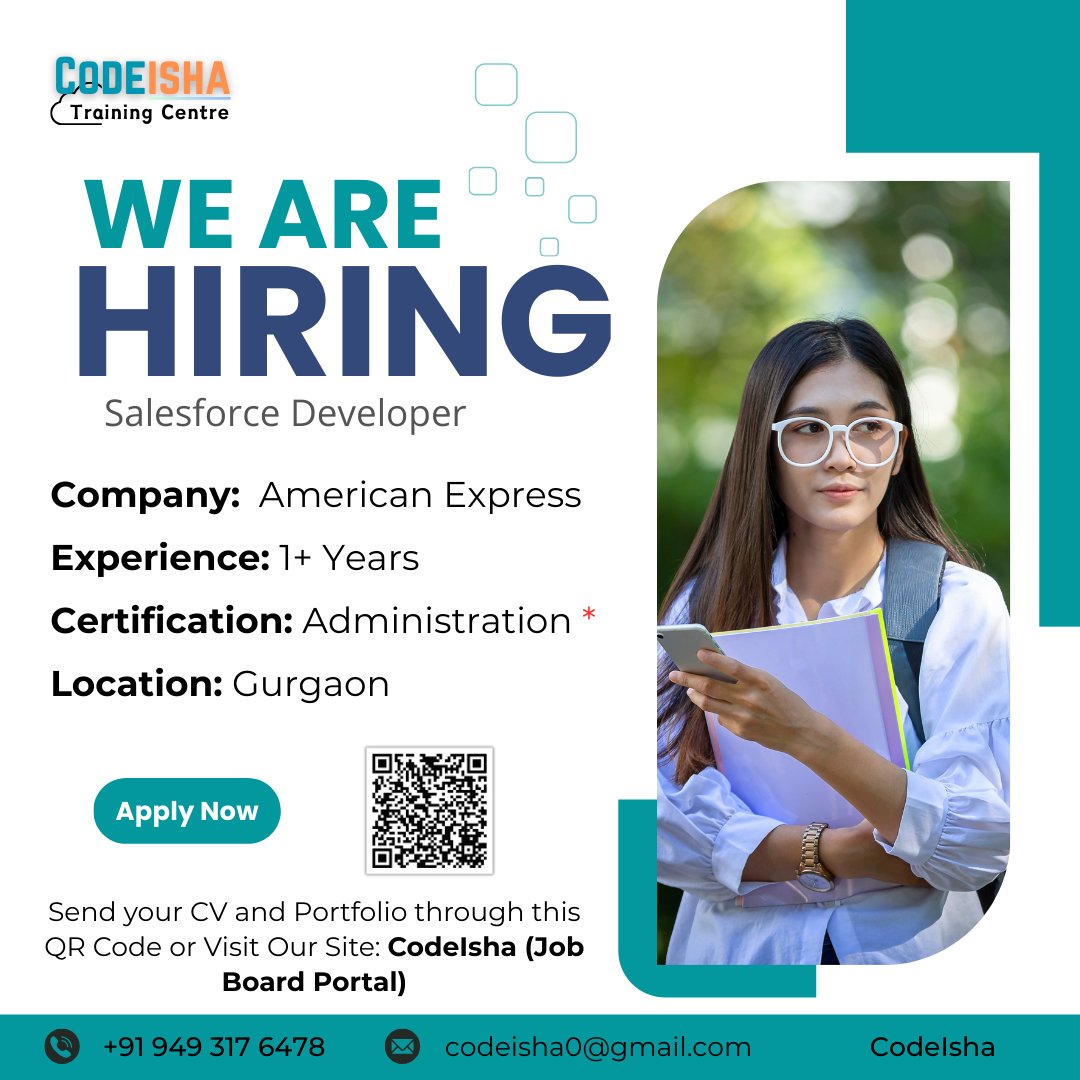 shivayadav2322's tweet image. American Express is hiring for the position of Salesforce Developer with 1+ years of Salesforce experience. 

Candidates holding a Salesforce Administrator certification will be required. 

Don’t miss this excellent opportunity with a top MNC!

#CodeIshaTrainingCentre…