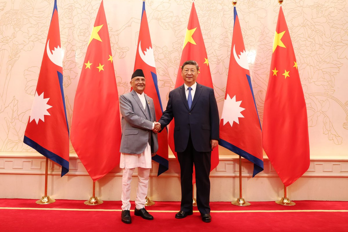 kpsharmaoli's tweet image. Glad to meet President Xi for the second consecutive year and hold fruitful bilateral talks. We reviewed progress on various issues and agreed upon to enhance bilateral cooperation. 
I thank President Xi for inviting me to the SCO Plus Summit.