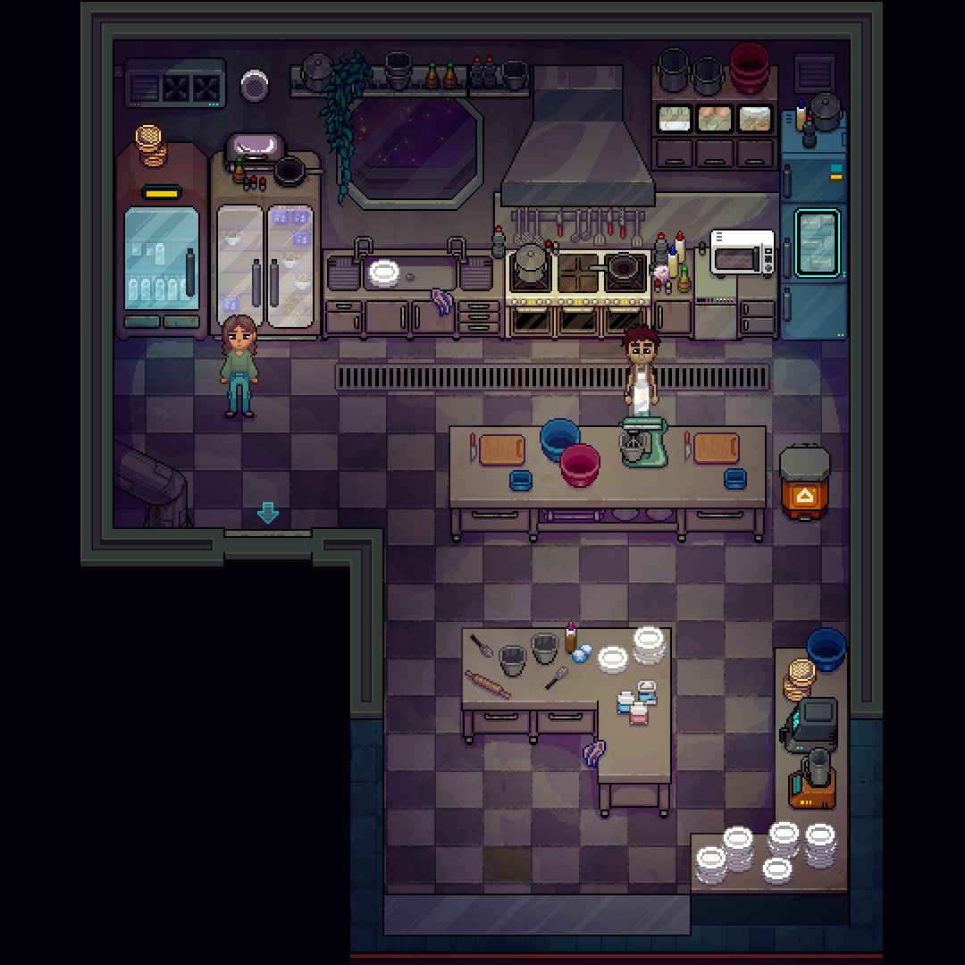 I've finished the kitchen. What do you think? Chef Rico is already there, desperately waiting for his kitchen bots.

#losthotelgame #losthotel #thelosthotel #pixelart #retrogames #gamedevelopment #indiegame #indiegamedev #indiedev #pixelgame #pixelartgame #cozygaming #cozygame