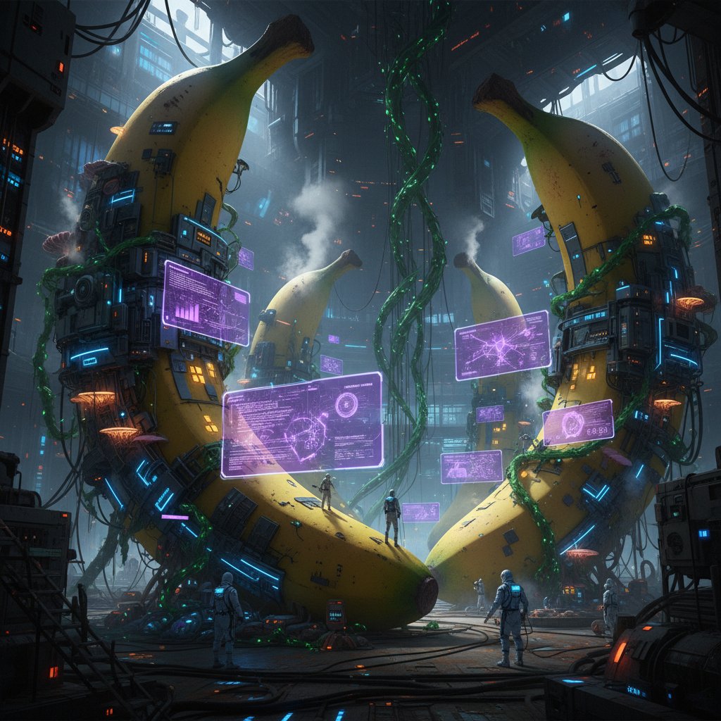 Michael Wegener (@mwsatware) on Twitter photo Three image generator AI's: 🤖 GPT Image Editor, ⚡ Grok (xAI), 🍌 Nano Banana (Gemini 2.5) 
Same prompt:
"A surreal cyberpunk landscape where massive bananas serve as biological servers in a futuristic datacenter. Each banana glows with fiber optic cables running through its Three image generator AI's: 🤖 GPT Image Editor, ⚡ Grok (xAI), 🍌 Nano Banana (Gemini 2.5) 
Same prompt:
"A surreal cyberpunk landscape where massive bananas serve as biological servers in a futuristic datacenter. Each banana glows with fiber optic cables running through its