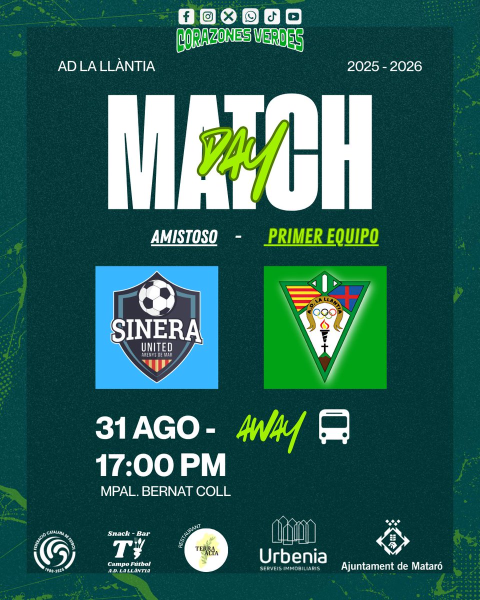💚⚽ MATCHDAY – PRIMER EQUIPO

📅 Dom. 31 AGO | 🕔 17:00
🆚 Sinera United
📍 Mpal. Bernat Coll