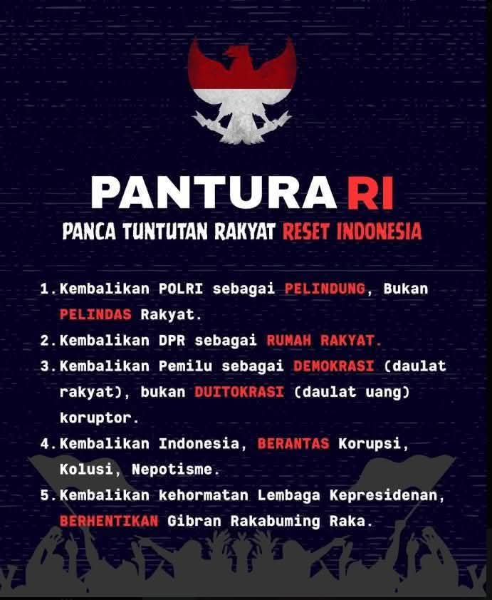 siberinfoA1's tweet photo. PANTURA RI  
(Panca Tuntutan Rakyat Reset Indonesia)

Tag: Priok DPR RI Uya Kuya Eko Patrio Wara Dijarah Polda https://t.co/9QKY1Opp0h