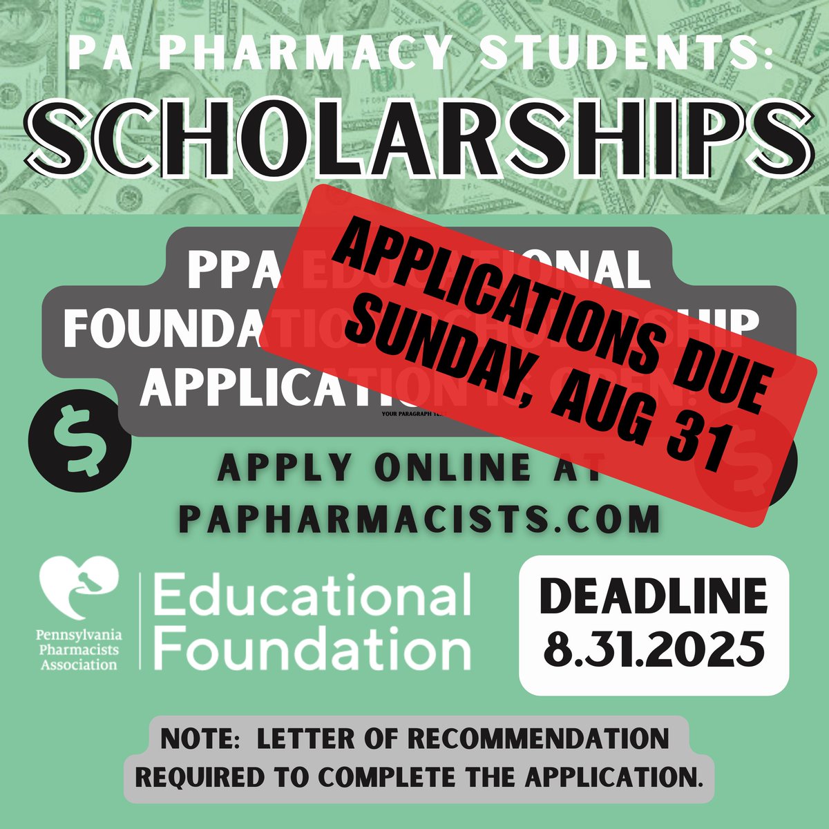 PAPharmacists's tweet image. 🚨 FINAL CALL – DEADLINE AUGUST 31! 🚨
🎓 PA PharmD Students: Apply NOW for the 2025 PPA Educational Foundation Scholarships 💸
✅ Quick online application → papharmacists.com
📌 Letter of recommendation required
📌 Must be a current PPA member
 #PPAatWork