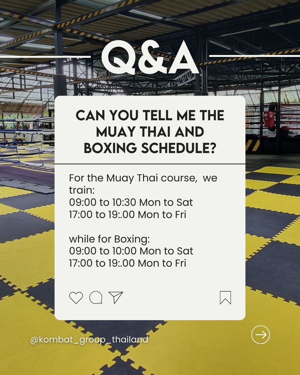 kombatgroup's tweet image. ❓What’s training like at Kombat Group?

🥊 Muay Thai: 09:00-10:30 Mon-Sat | 17:00-19:00 Mon-Fri
🥊 Boxing: 09:00-10:00 Mon-Sat | 17:00-19:00 Mon-Fri
🔥 Weight Loss adds Functional Training + Yoga.

#KombatGroupThailand #MuayThaiCamp #BoxingCamp #WeightLossRetreat