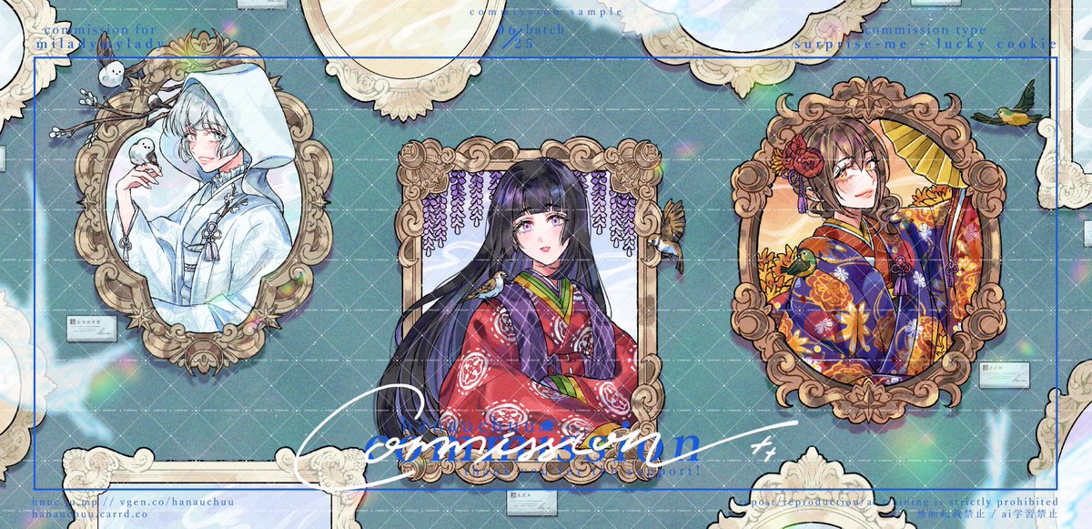 #hnuccms surpirse-me/lucky cookie comms ขอบคุณมากค่ะ! 🐦🕊

พอเห็นว่ามีสาวๆ ในชุดที่ต่างกันก็คิดว่าอยากลองวาดออกมาให้เหมือนแกลเลอรี่ดูค่ะ 🥺👉👈 (และมีกิมมิคนกที่เหมาะกับชุดแต่ละคนด้วย!)