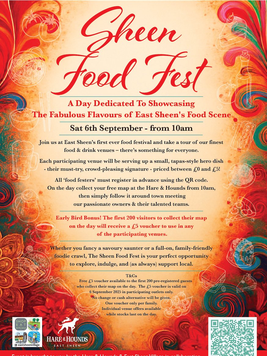 hare_hounds's tweet photo. Only one week to go until the very first Sheen Food Fest. Join over 20 local high street food &amp; drink retailers to sample their hero, signature dish.  Scan the QR code now.  #eastsheen #foodfest #somethingforeveryone @eastsheenvillage @youngspubs https://t.co/HxHa1lVSr5