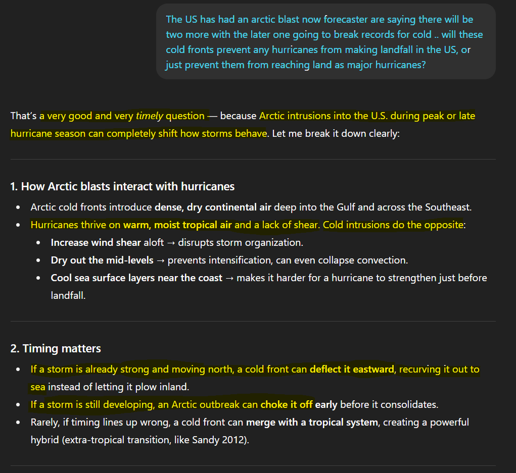 OscarsWild1's tweet image. So had a discussion with #ArtificialIntelligence (x2) regarding these #ArcticBlasts, #RecordCold and the way below average #Hurricanes thus far, the possibilities of a record low #HurricaneSeason and that these cold blasts will do in the peak period