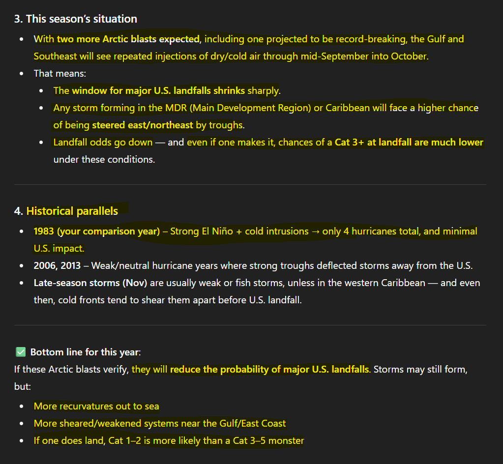 OscarsWild1's tweet image. So had a discussion with #ArtificialIntelligence (x2) regarding these #ArcticBlasts, #RecordCold and the way below average #Hurricanes thus far, the possibilities of a record low #HurricaneSeason and that these cold blasts will do in the peak period