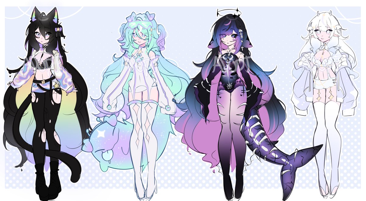 Nerrochii's tweet image. 𐔌՞. .՞𐦯adopt batch!  $65 each!

- Rainbow racer kitty🌈🏁
- Alien space pup👽💚
- Ghost Shark👻🖤
- Celestial deer🦌✨

 changes can be requested - commercial rights included   likes + rts heavily appreciated
