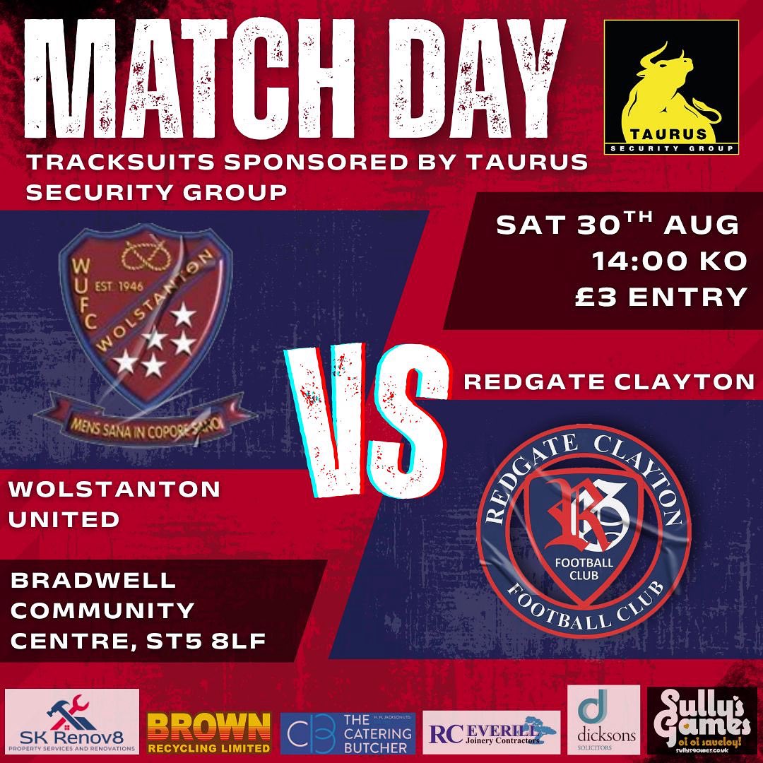 ⚽️ Wolstanton Utd vs Redgate Clayton
📅 Saturday 30th August
🍔 Cafe &amp; Bar
🕐 14:00 KO
📍 Bradwell Community Centre, Riceyman Road, ST5 8LF
🎟️ £4 Entry