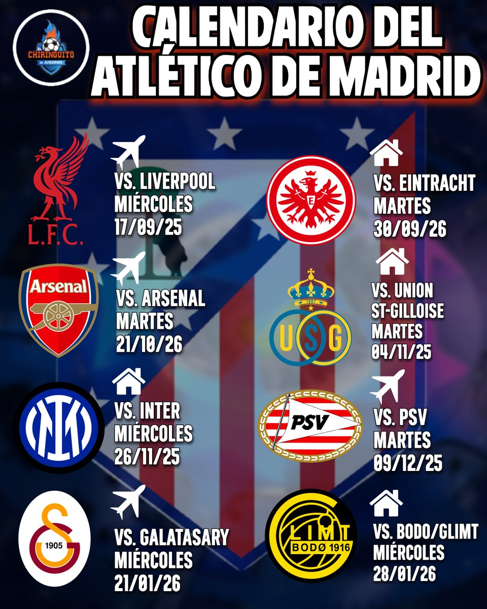 🚨 ¡El CALENDARIO del ATLÉTICO de MADRID para la #UCL 2️⃣5️⃣/2️⃣6️⃣!

👉 Debut ante el Liverpool el 17 de septiembre en Anfield.
👉 Visita el Emirates Stadium el 21 de octubre.
👉 Recibe al Inter el 26 de noviembre.
👉 Cierra el grupo ante el Bodo/Glimt el 28 de enero.