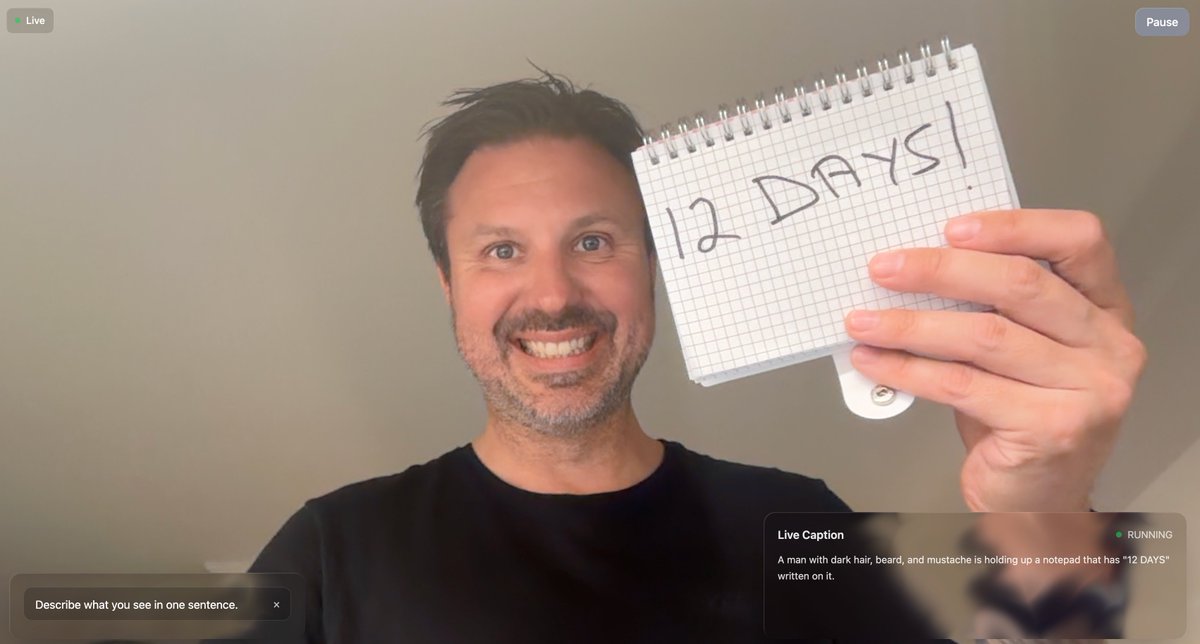 12 days...

Incredible ↑ (<a href="/we_r_incredible/">Incredible</a>)

BTW, as a bonus ↓

This is fun real-time video captioning powered by Apples FastVLM-0.5B.

You can try it out yourself in the browser directly ↓

huggingface.co/spaces/apple/f…