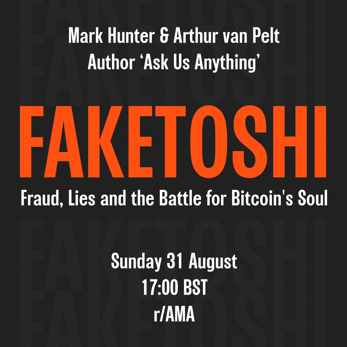 To celebrate the launch of volume 1 in the #Faketoshi trilogy on Monday, Mark and Arthur will be answering your questions in an Ask Us Anything tomorrow afternoon.

Join us at reddit.com/r/AMA/ from 17:00 BST to ask your questions...even CSW fanbois!

See you there!