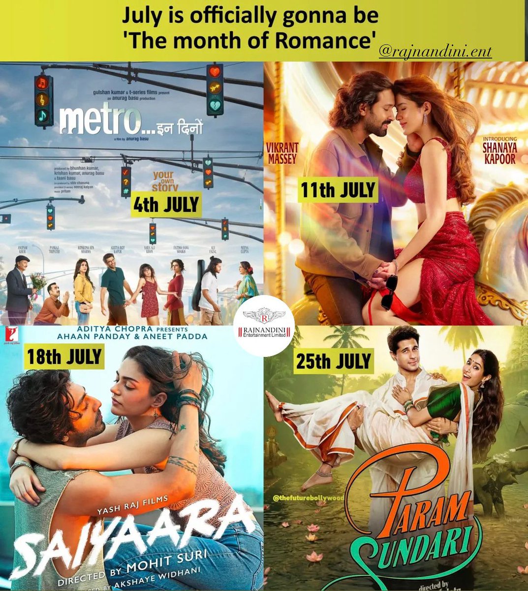 rajnandini_ent's tweet image. July just got hotter — 4 love stories, 1 magical month! #MonthOfRomance #saiyaara #MetroInDinoOnNetflix #ParamSundari #LOVEPULSE #movie #Bollywood