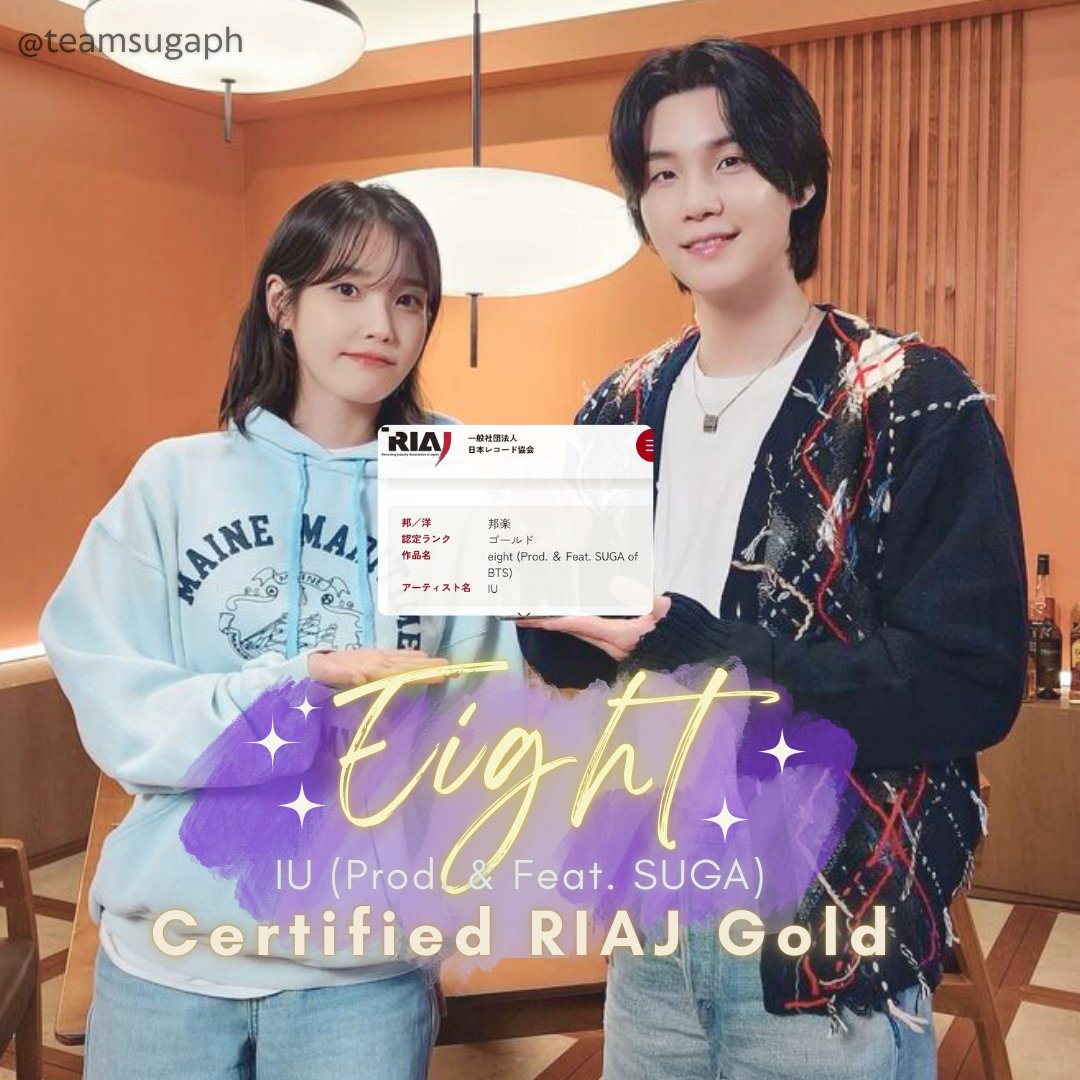 [recap] "Eight" by IU (Prod. &amp; Feat. SUGA of BTS) has officially been certified RIAJ Gold for surpassing 50 MILLION streams in Japan! 🇯🇵

CONGRATULATIONS IU AND SUGA
#SUGA #AgustD #슈가
#シュガ #BTSSUGA