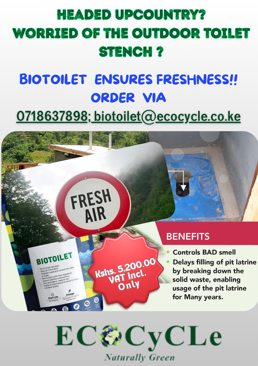 𝐅𝐑𝐄𝐒𝐇 𝐎𝐔𝐓𝐃𝐎𝐎𝐑 𝐓𝐎𝐈𝐋𝐄𝐓𝐒 𝐓𝐒  𝐖𝐈𝐓𝐇 𝐁𝐈𝐎𝐓𝐎𝐈𝐋𝐄𝐓!
Worried of the strong STENCH in your upcountry /Farm house /Premises etc. OUTDOOR toilet?
BIOTOILET packaged microorganisms ensure FRESHNESS.
ORDER NOW on 0718637898; biotoilet@ecocycle.co.ke