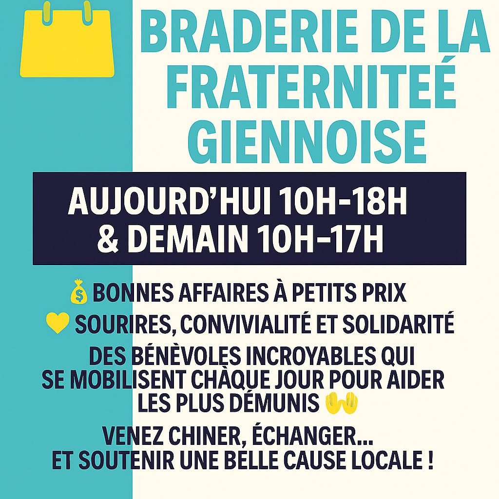 ClineMunic98896's tweet image. 🛍️ Braderie solidaire à Gien  
Aujourd’hui 10h-18h &amp;amp; demain 10h-17h, la Fraternité Giennoise vous attend pour chiner… et aider 🤝  

Chaque achat = un coup de pouce aux plus démunis ❤️  

📍 Gien – Fraternité Giennoise  

#Solidarité #Gien #Braderie #Entraide #VieLocale