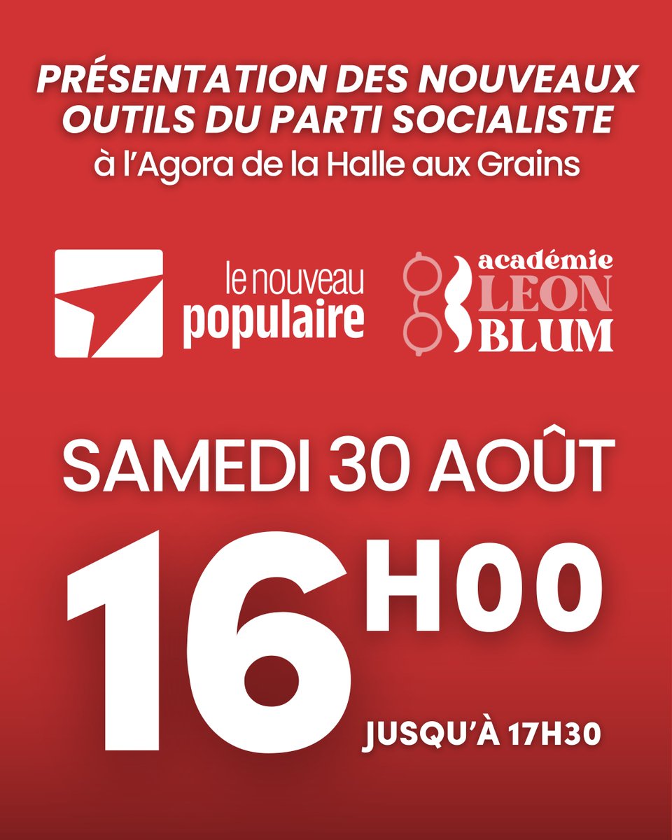 Académie Léon Blum (@acadleonblum) on Twitter photo Rendez-vous à 16h dans le grand amphithéâtre de la Halle aux Grains pour la présentation des nouveaux outils socialistes : le <a href="/NouveauPop/">Le Nouveau Populaire</a> et l’<a href="/AcadLeonBlum/">Académie Léon Blum</a>.
📣 Plusieurs annonces à ne pas rater ! Rendez-vous à 16h dans le grand amphithéâtre de la Halle aux Grains pour la présentation des nouveaux outils socialistes : le <a href="/NouveauPop/">Le Nouveau Populaire</a> et l’<a href="/AcadLeonBlum/">Académie Léon Blum</a>.
📣 Plusieurs annonces à ne pas rater !