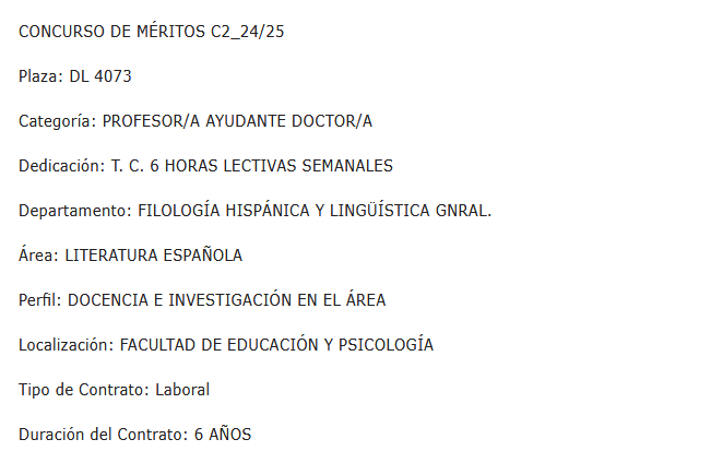 Convocadas plazas de profesor ayudante doctor en las áreas de Lengua española y Literatura española en la <a href="/infouex/">UEx</a>. Plazo hasta el 10 de septiembre. 

doe.juntaex.es/pdfs/doe/2025/…

<a href="/AsociacionBETA/">Asociación Beta 📗</a> 
<a href="/ajl_info/">AJL</a> 
<a href="/ASELE_ELE/">ASELE</a> 
<a href="/infoling/">INFOLING.org</a> 
<a href="/aih/">aih</a>