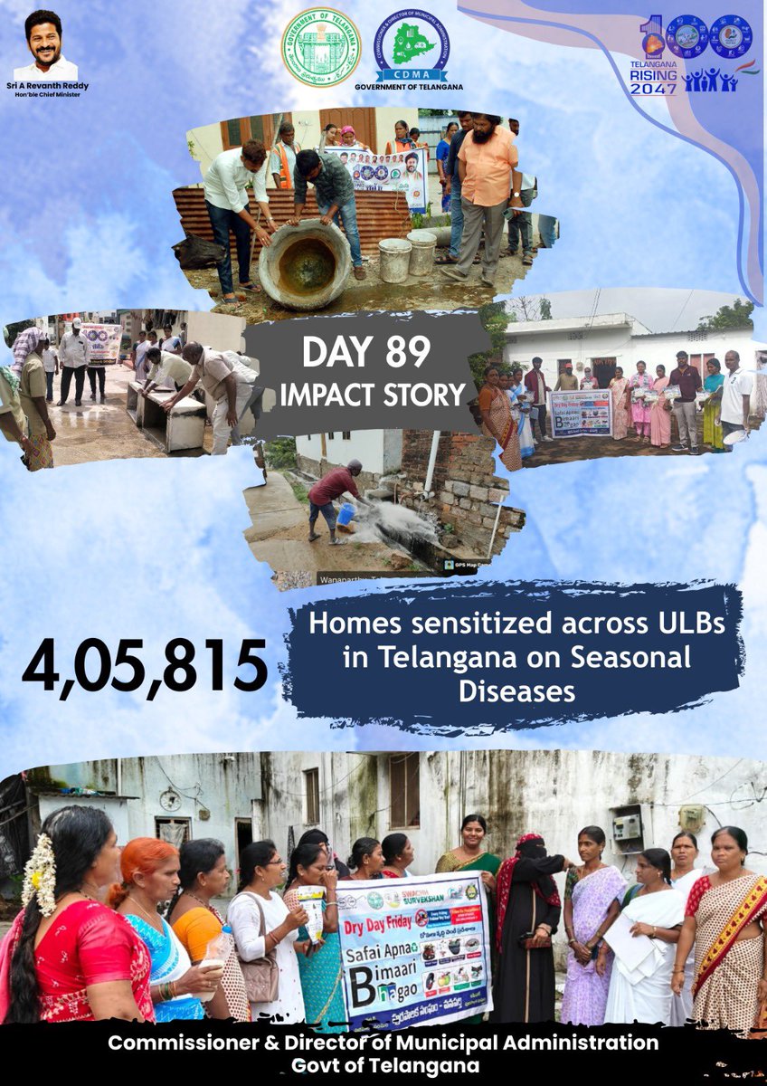 4,05,815 homes sensitized on seasonal diseases across Telangana’s ULBs! Awareness is protection—our communities are informed, empowered, and ready #TelanganaRising2047 #OkaMarpu_AbhivrudhikiMalupu