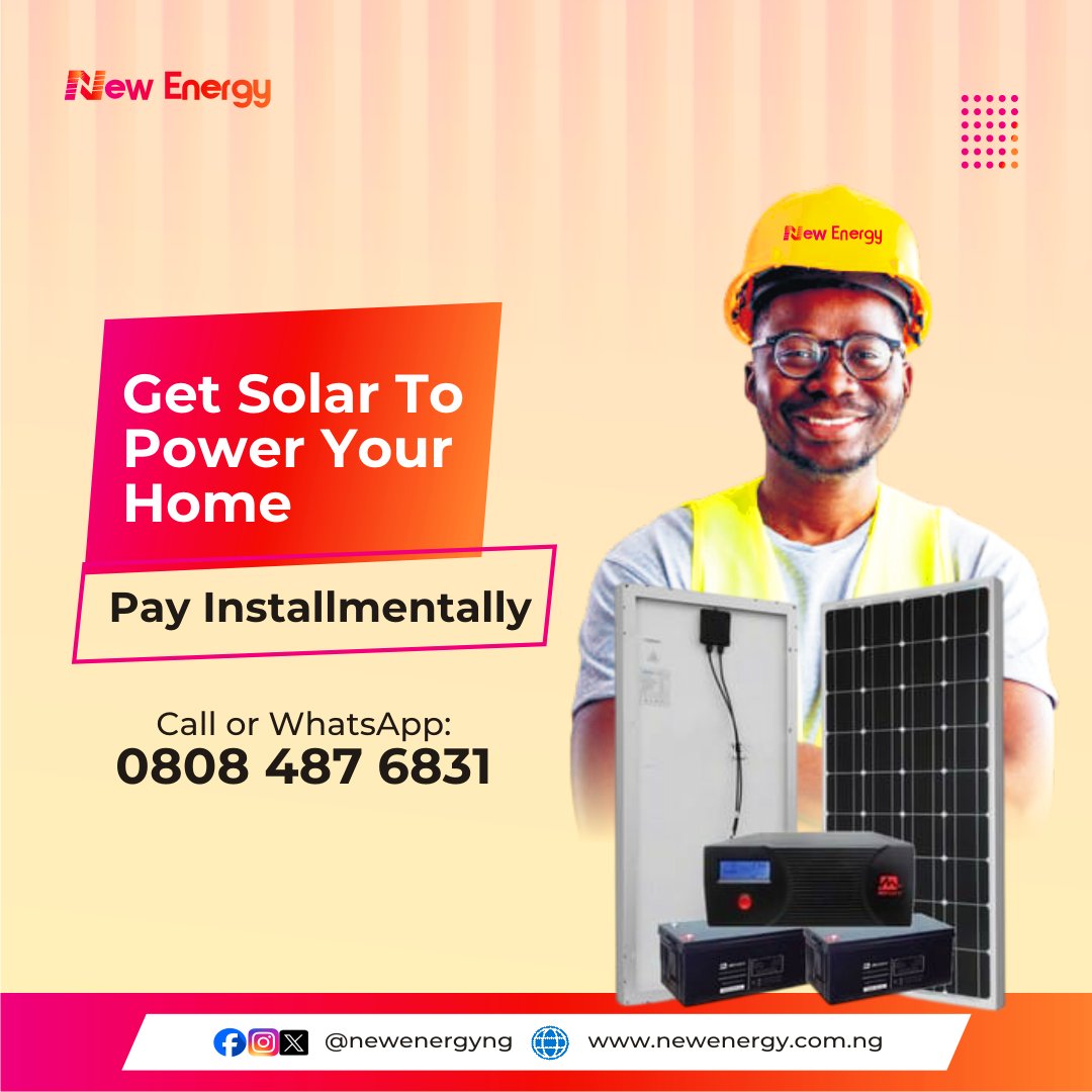 NewEnergyng's tweet image. Get a reliable Solar System to power your home and pay in monthly installments.

End that frustration that comes with relying on Nepa.

SWITCH TO SOLAR TODAY.

Call or Whatsapp: 0808 487 6831

#solarpanelinstaller #solarpanelinstallation | #BBNaijaS10 | Peter Obi