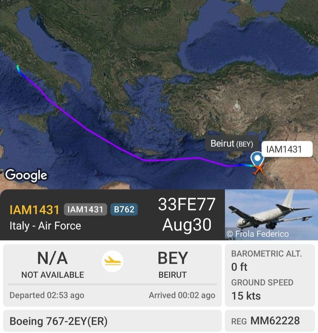 LebanonJets's tweet photo. #Italy AirForce KC767 #MM62228 #33FE77 into Beirut from LIRE Pomezia near Rome next to Verona as #IAM1431 +1,000 Italian troops in #UNIFIL https://t.co/UE95BEN6hP