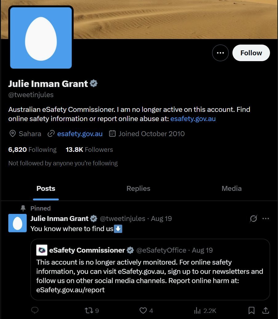 For informational purposes only:

WEF member and would-be CIA, Julie Inman Grant - architect of Australia's own Online Policing Act which would among other things, compel ID/Face Checks for using search engines like Google....

Has left X, likely due to attention and scrutiny.