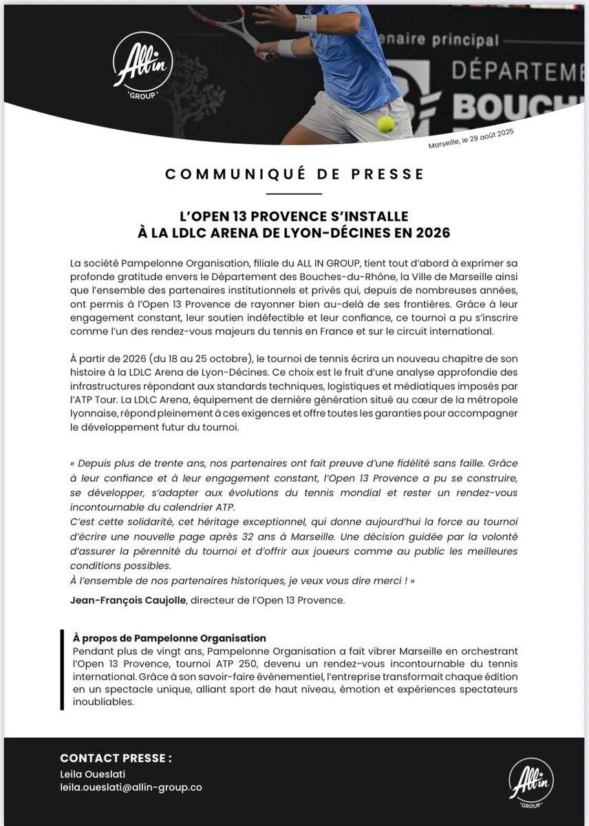 ChaudelV's tweet photo. 🎾 33 ans que le futur du tennis passait par Marseille et passera donc par Lyon dès 2026.
👏 et 🙏 à Jean-François Caujolle, ses équipes et ses partenaires pour leur fidélité
👓 https://t.co/fARcELMrTD https://t.co/QIiketKLLA