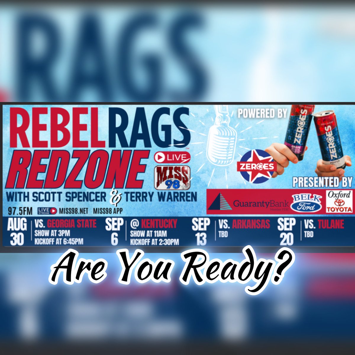 We’re back…and celebrating <a href="/rebelrags/">Rebel Rags</a> 20th anniversary all season with <a href="/terryfwarren/">Terry Warren</a>.  <a href="/BradLoganCOTE/">Brad Logan</a> &amp; <a href="/AndyHLee84/">Andy Lee</a> join in on the fun…let’s go!  Talk to ya’ at 3pm on <a href="/miss98fm/">Miss 98</a> and the app…