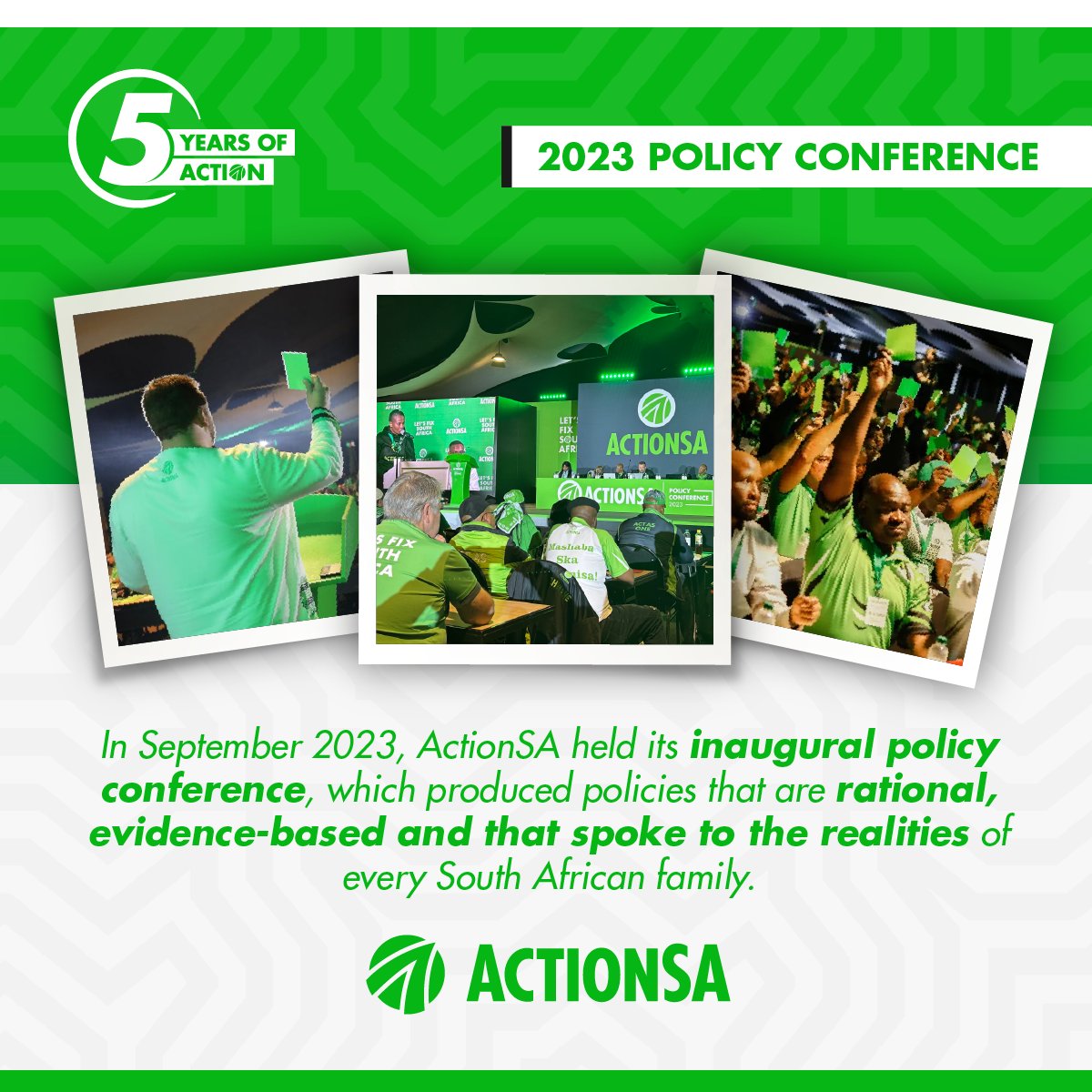 Action4SA's tweet photo. 📄 In September 2023, ActionSA held its inaugural policy conference, which produced policies that are rational, evidence-based and that spoke to the realities of every South African family.

🔗 Read more: https://t.co/GCfLS8HLBb

#5YearsOfAction https://t.co/bEFN3qdfdo