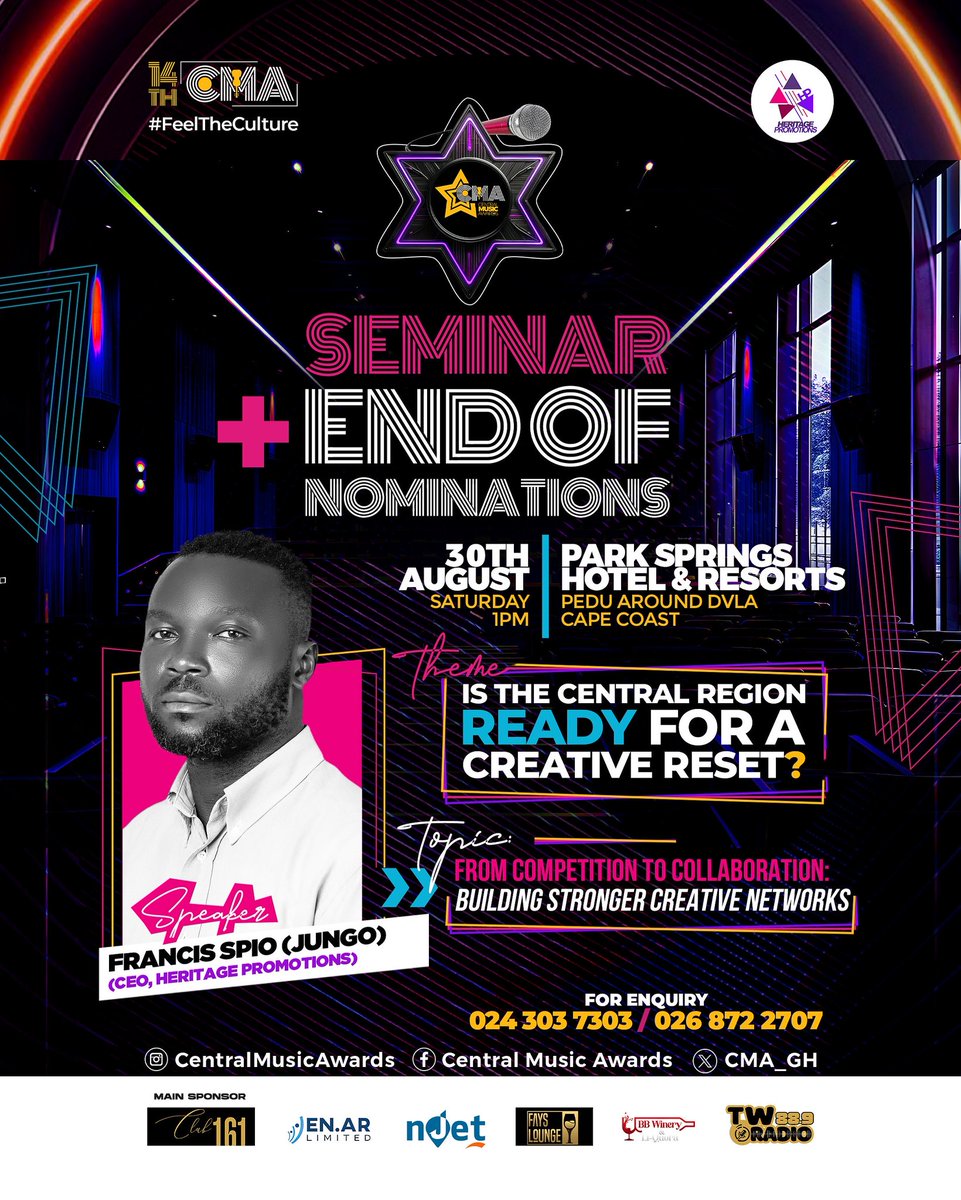 CEO of Heritage Promotions, Mr. Francis Spio Jungo will be speaking at the 14th Central Music Awards Seminar. 

𝑇𝑜𝑝𝑖𝑐: 𝐅𝐫𝐨𝐦 𝐂𝐨𝐦𝐩𝐞𝐭𝐢𝐭𝐢𝐨𝐧 𝐭𝐨 𝐂𝐨𝐥𝐥𝐚𝐛𝐨𝐫𝐚𝐭𝐢𝐨𝐧: 𝐁𝐮𝐢𝐥𝐝𝐢𝐧𝐠 𝐒𝐭𝐫𝐨𝐧𝐠𝐞𝐫 𝐂𝐫𝐞𝐚𝐭𝐢𝐯𝐞 𝐍𝐞𝐭𝐰𝐨𝐫𝐤𝐬 
#CMA2025