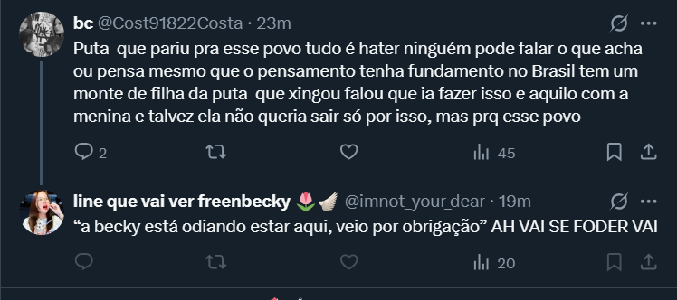 EstrelaSal2002's tweet photo. As shippers estão brigando entre si HAHAHA bem feito para a @AngelssBecky quem mandou voltar pra cá? e ainda esta fazendo pouco caso, você ama a China e falando isso em solo brasileiro? hahahaha
#beckysangels vamos lembrar da riri e livia e os haters br seus amigos
#freenbecy https://t.co/dgoRrfFo5R