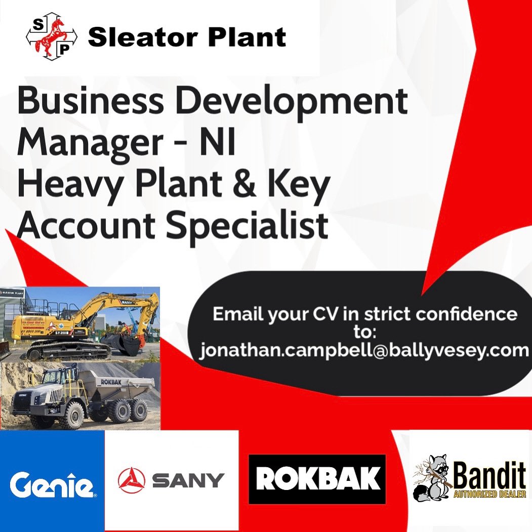 🚜 We’re hiring! Business Development Manager – Heavy Plant Machinery
📍 NI | 💼 Full-time | 💰 Competitive + Commission

Drive sales, build client relationships &amp; grow market share in construction, mining &amp; infrastructure.

👉 email CV to Jonathan.Campbell@ballyvesey.com
#jobs