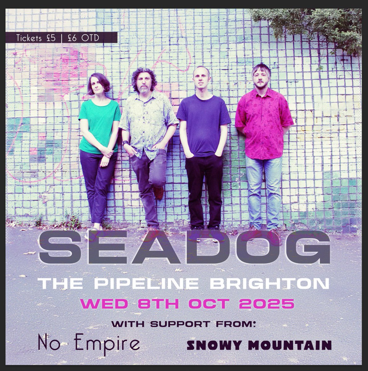 🚨 GIG ANNOUNCEMENT‼️ 

We shall be playing a show at The Pipeline venue here in Brighton on the 8th October with our buddies Snowy Mountain and No Empire. 
🎟️ Mega cheap £5 advance tickets are available here seetickets.com/event/seadog-s…
