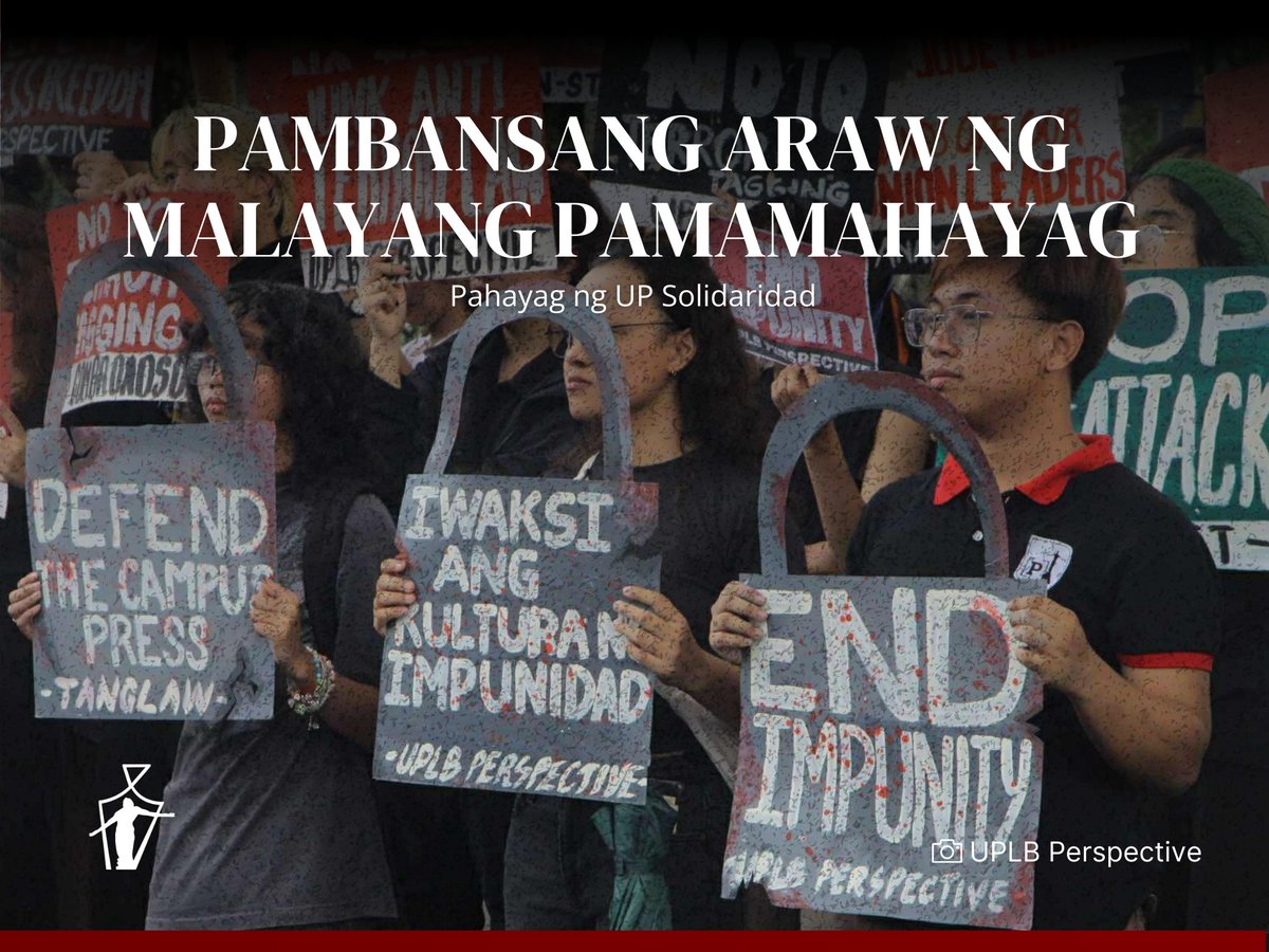 Ngayong Pambansang Araw ng Malayang Pamamahayag, kinikilala ng UP Solidaridad ang walang-tinag na paninindigan ng mga mamamahayag na patuloy na naglalantad ng mga kwentong pilit ikinukubli sa dilim.

Basahin ang buong pahayag dito: tinyurl.com/3k72n3pt

#DefendPressFreedom