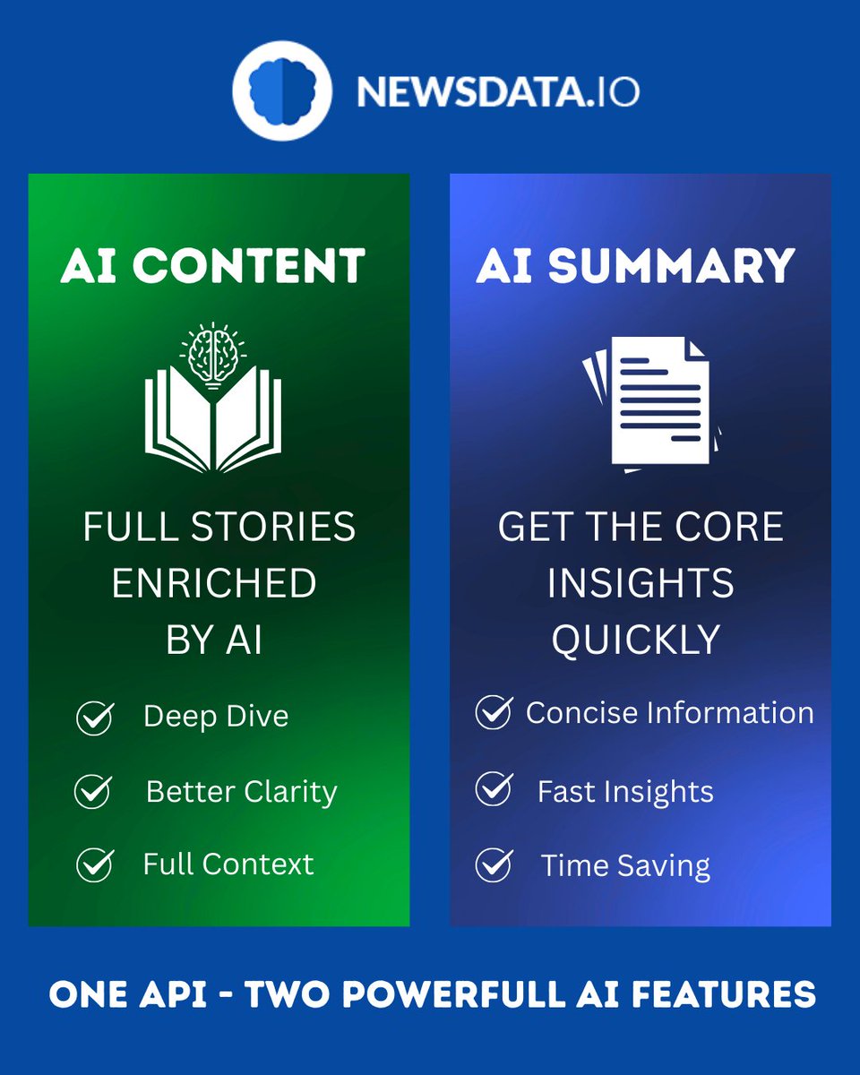 newsdataio's tweet image. NewsData.io launches AI Content Generation & AI Summaries 💡🚀
Create, analyze & extract insights faster than ever!
⚡ Paid Plans only | English only
👉 Start your free trial: newsdata.io/pricing
#NewsAPI #NewsDataio #AIPowered #APIforDevelopers  #AIForNews