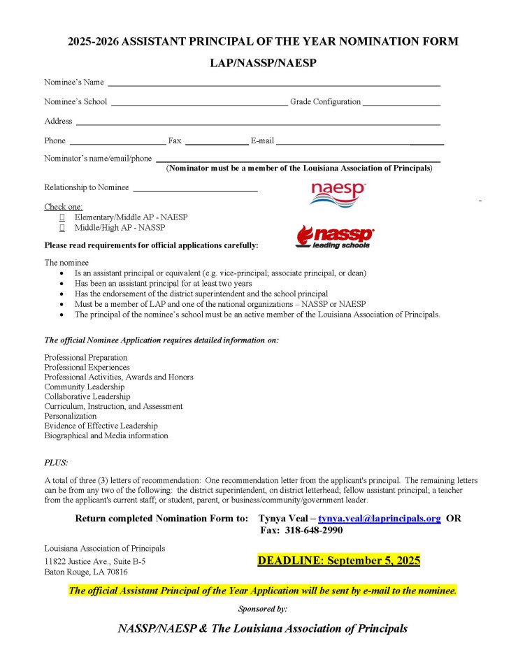 ASSISTANT PRINCIPAL OF THE YEAR NOMINATIONS ARE OPEN

Nominate Your Assistant Principal for the 2025-2026 Assistant Principal of the Year

It is time to nominate your assistant principal for the 2025-2026 Assistant Principal of the Year.  Deadline to nominate is September 5.