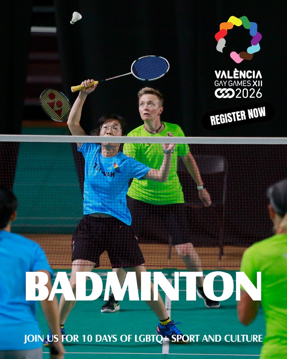 Shuttle up and smash it! 🏸⚡️ Registration is OPEN for Gay Games XII 2026 in València. Light feet, fast hands, full pride. 🏳️‍🌈gaygamesvalencia2026.com/en