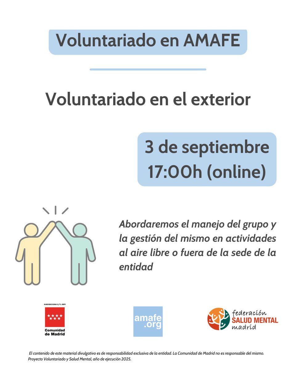 Iniciamos septiembre con una nueva formación online del proyecto de voluntariado. Esta vez hablaremos de cómo afrontar actividades en el exterior, fuera de la sede de AMAFE.

Puedes inscribirte aquí 👉forms.gle/oyKZVtBjeFEgJA…