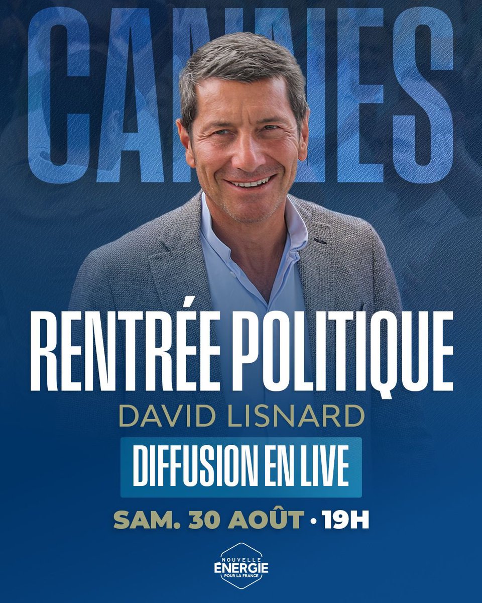 📣 Ce soir, à partir de 19h, suivez en direct la rentrée politique de David Lisnard !

📍 Rendez-vous en live sur :

▶️ X : @Nouv_energie
▶️ Facebook : facebook.com/Nouv.Energie 
▶️ YouTube : youtube.com/@david_lisnard