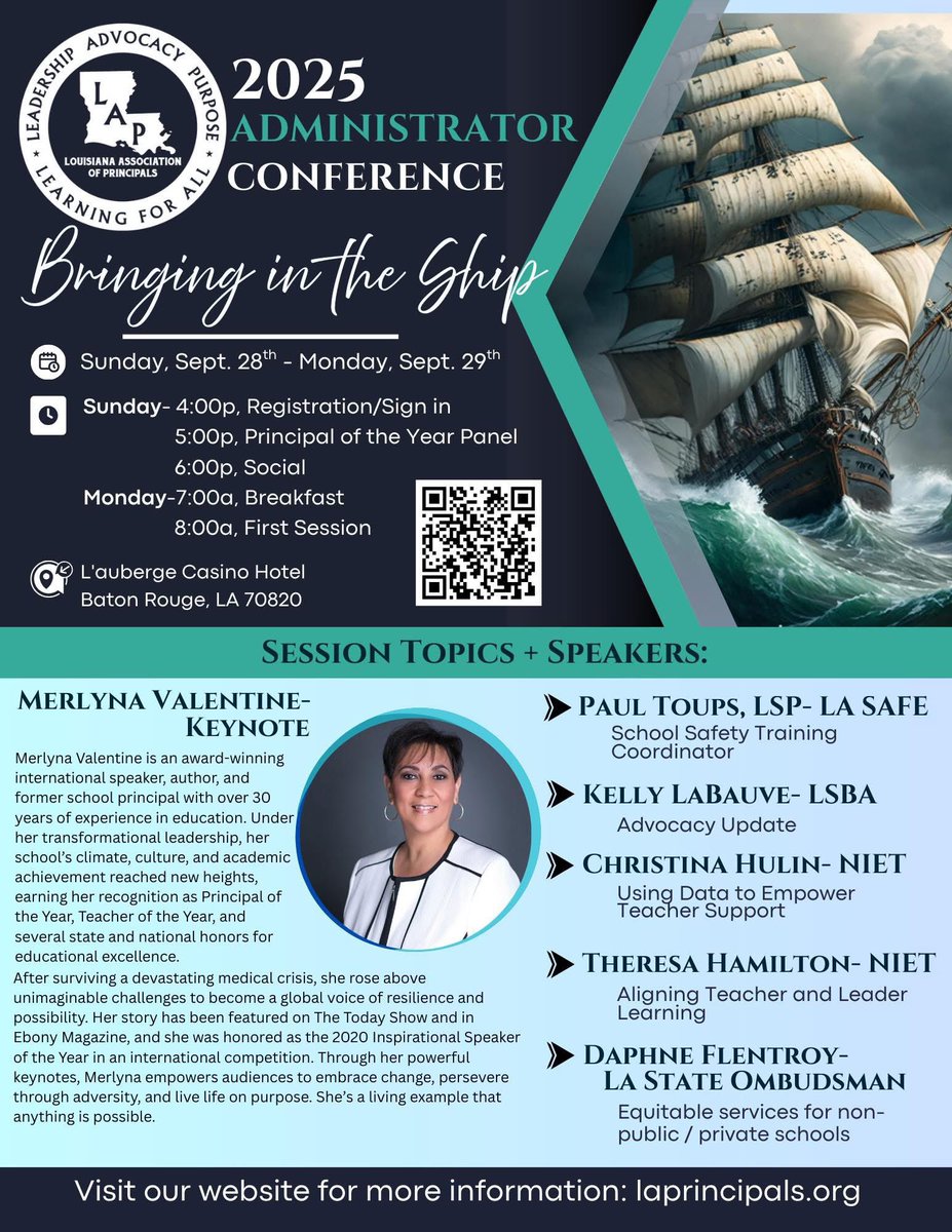 ⚓️ Bringing in the Ship – 2025 Administrator Conference ⚓️

📅 September 28–29, 2025
📍 L’Auberge Casino Resort, Baton Rouge

Join Louisiana’s school leaders for two powerful days of networking, learning, and inspiration!

👉 Register now at laprincipals.org/meetinginfo.ph…

#WeLeadLA
